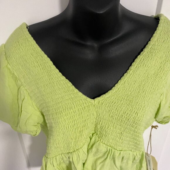 Midnight Sky Linen Blend Peplum Smocked Blouse Top With Puff Sleeves Size Small - Picture 2 of 6